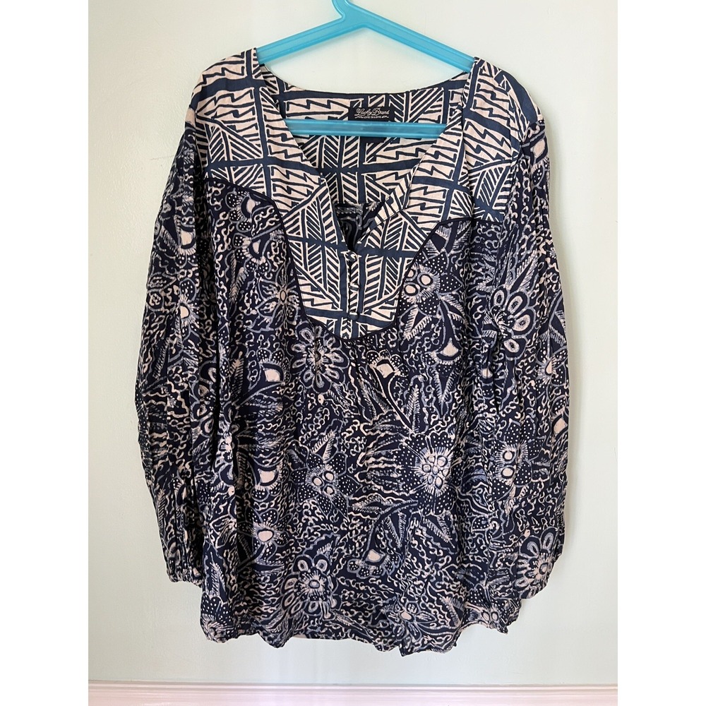 Lucky Brand Floral & Tribal Boho Top Womens L Navy Blue & White Mixed Print